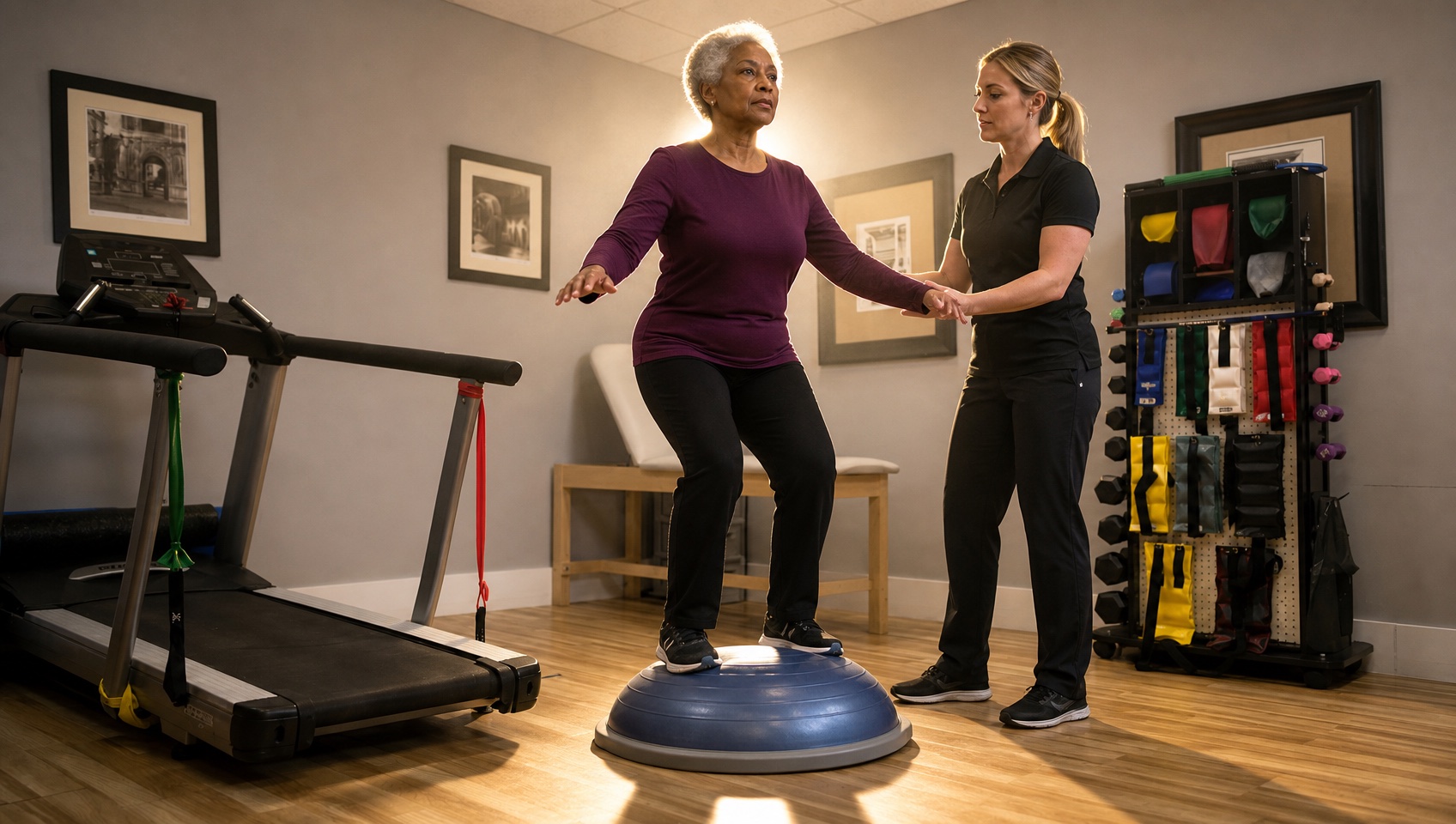 Patient balancing on a BOSU trainer with the therapist spotting