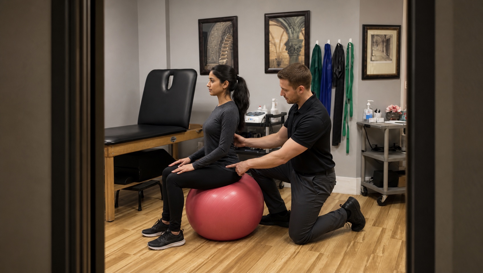 Patient seated on an exercise ball doing core stability work with the therapist