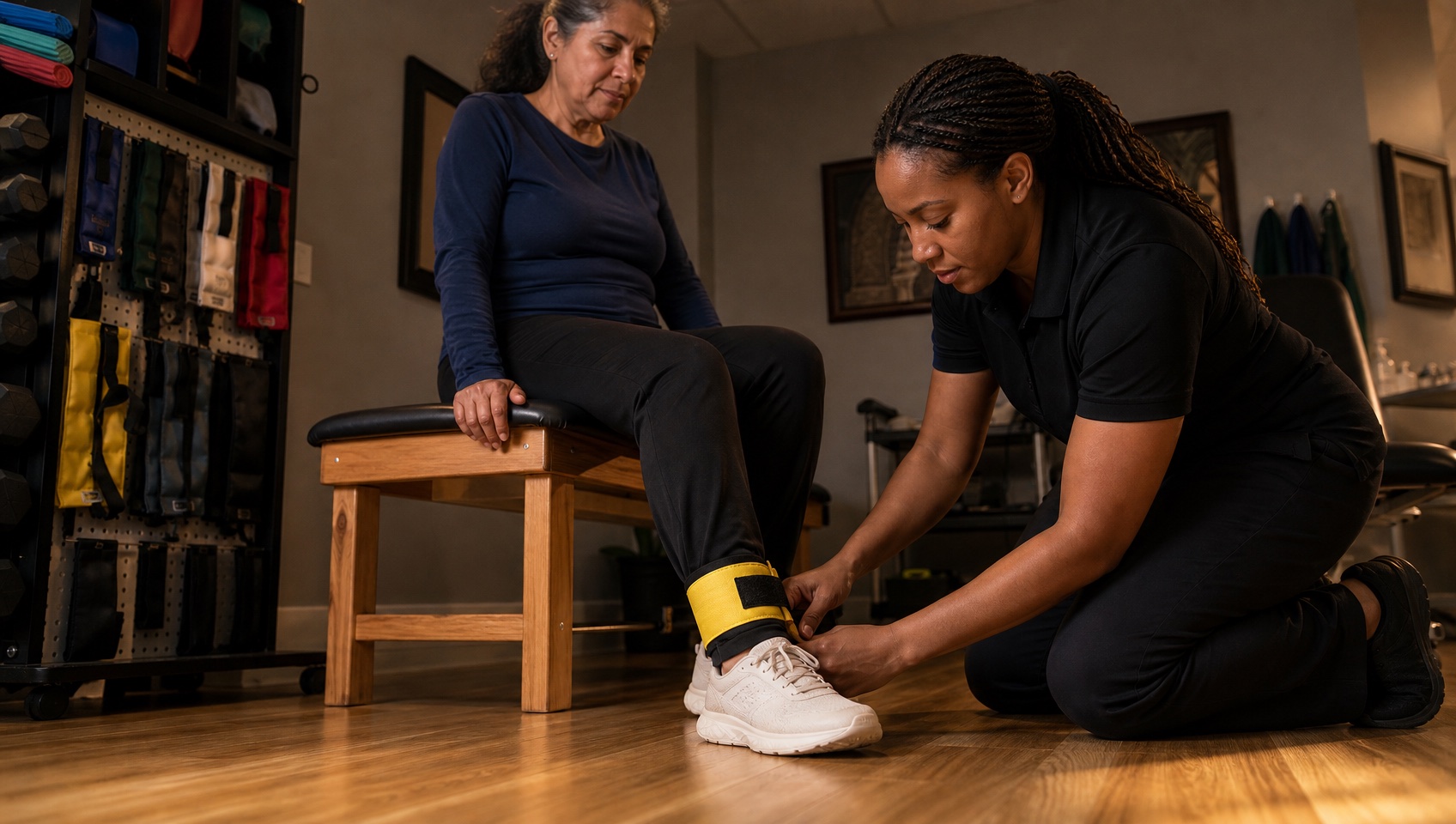Therapist fastening an ankle cuff weight for a seated patient