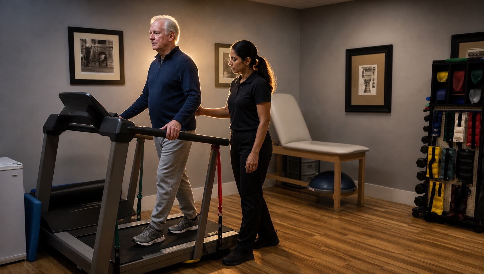 Physical therapist supervising an older patient walking on the treadmill in our Cypress rehab gym