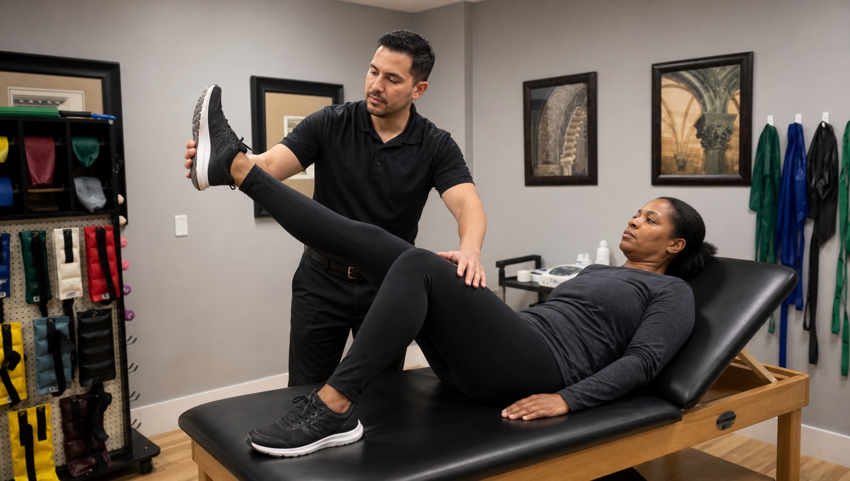 Physical therapist guiding a patient through a leg raise on the treatment table at our Cypress clinic