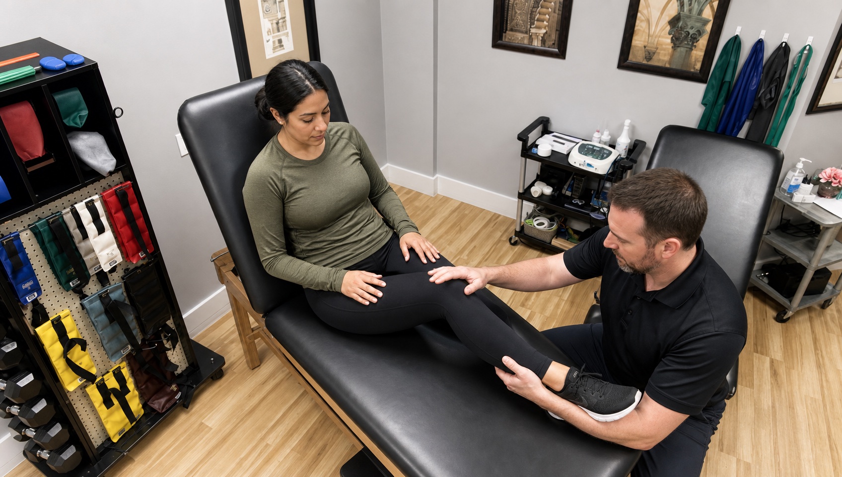 Therapist guiding a patient's knee extension on the treatment table