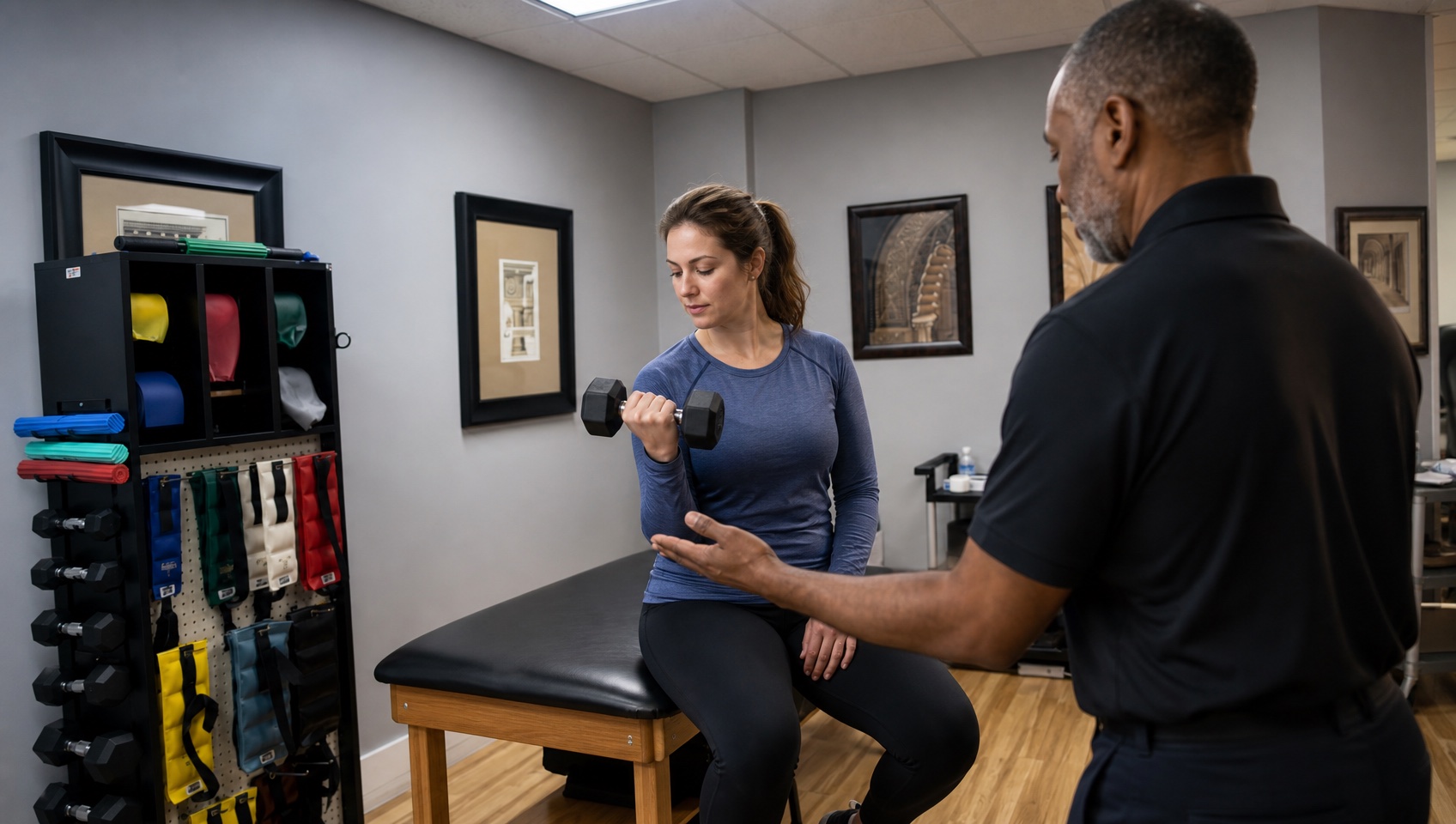 Physical therapist supporting a patient's elbow during a seated dumbbell curl