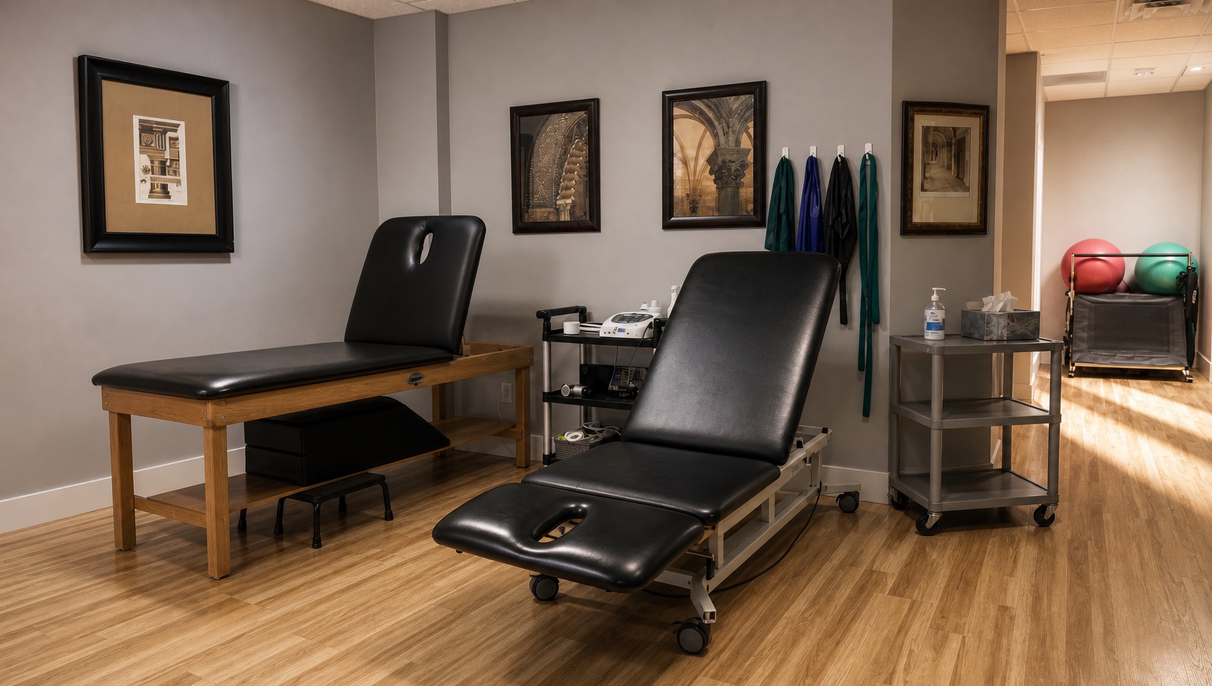 Treatment room at our Cypress clinic with two therapy tables, equipment cart and resistance bands